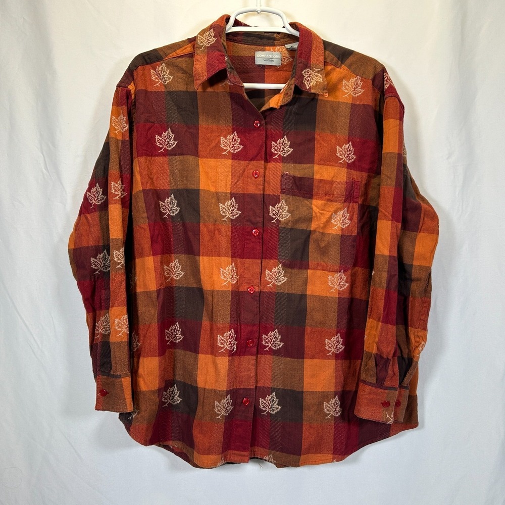 Womans Plus Size 1x Fall Button Up Blouse Long Sleeve Leaves Shirt Plaid Autumn